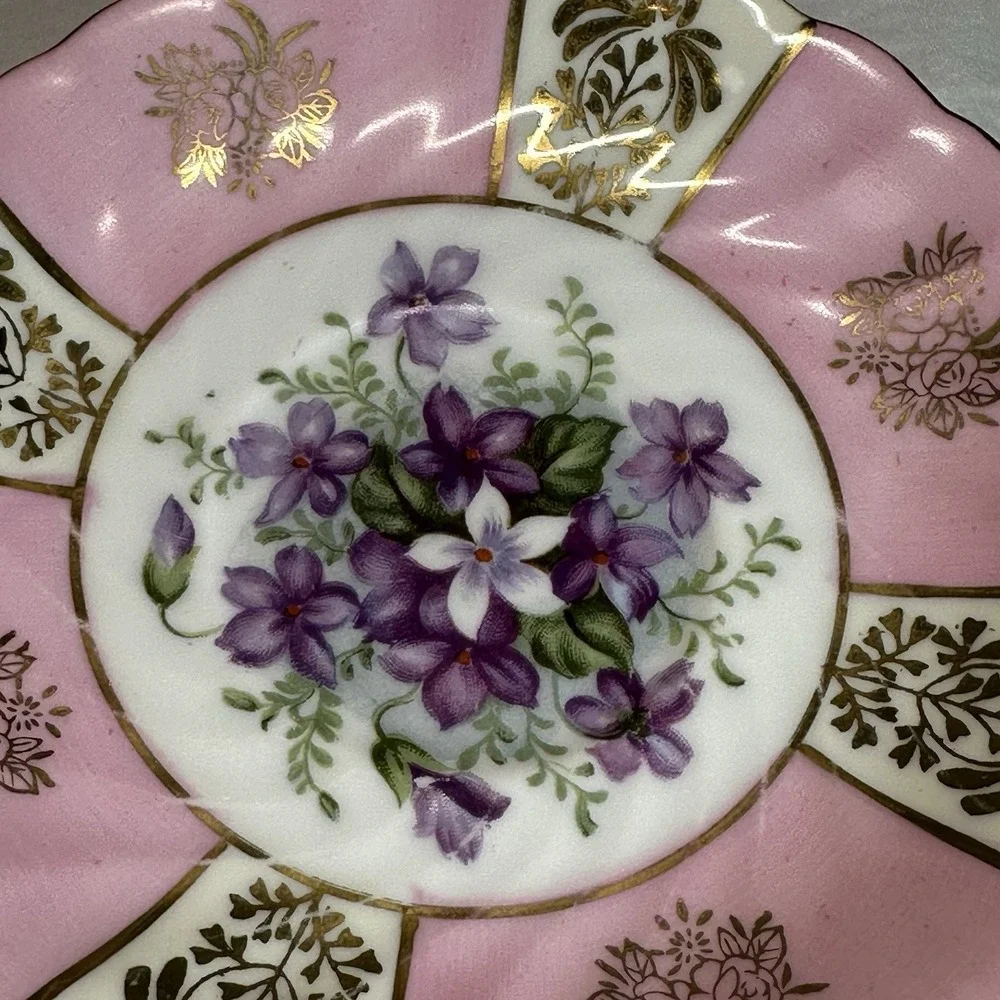 Wide Purple Violets Teacup Saucer Pink Cottagecore Mori Machi Japan Fluted Swirl